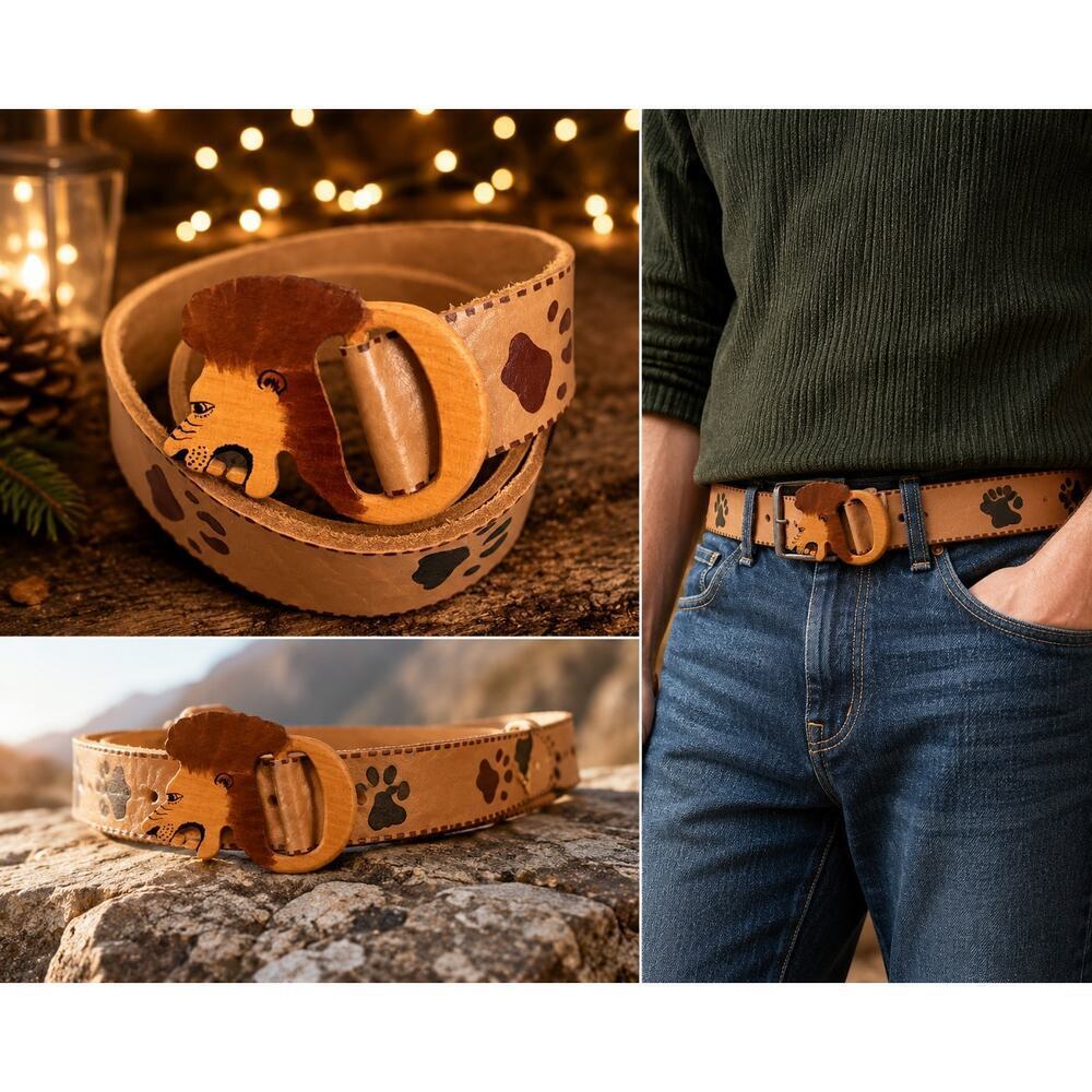 Lion Head Wood Buckle and Leather Waist Belt Brown Size Large Length - 40” NWT